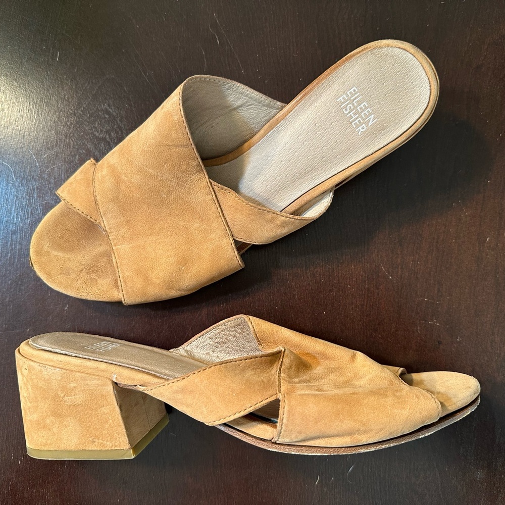 Eileen Fisher Tan Suede Slides w/ Block Heel/ sz 8.5
